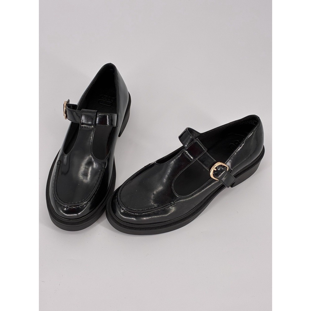 ASOS Design Womens 9W Black Patent T Bar Mary Jane Loafers Wide Fit Buckle
